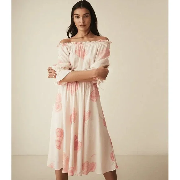 REISS Peaches Floral‎ Bardot Midi Dress Size 4 - Picture 5 of 11